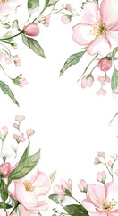 Watercolor floral frame with soft pink flowers, for invitations or greeting cards. Floral frames concept.