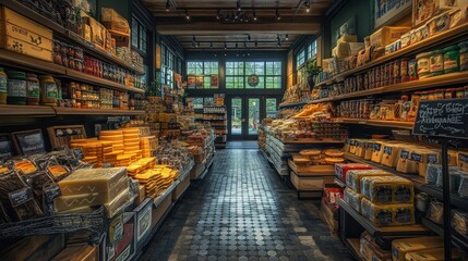 Fototapeta premium Bright Grocery Store Aisle with Well-Organized Shelves of Products