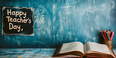 Teacher’s Day celebration with chalkboard and book, Educational holiday concept
