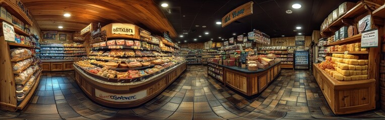 Fototapeta premium Bright Grocery Store Aisle with Well-Organized Shelves of Products