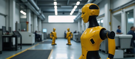 Industrial-futuristic image showcasing a busy robot factory with yellow robots at work in the background