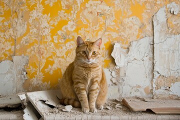 Pets shouldn't behave like this. Red cat tore the wallpaper and broke the furniture.