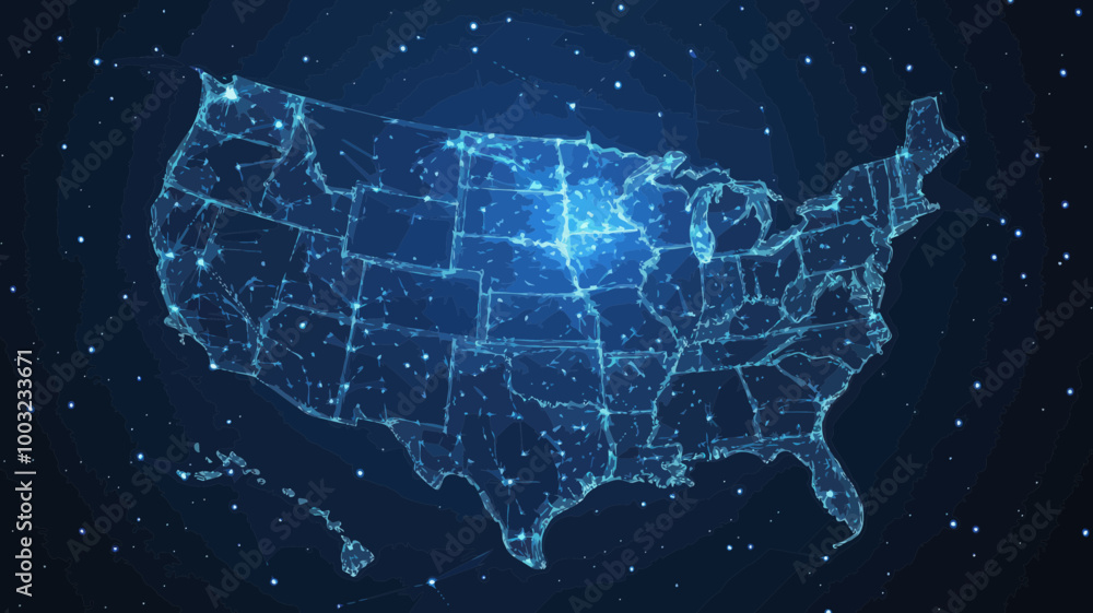 Poster usa map in wireframe starry sky style - abstract vector of america in space, connecting points and l