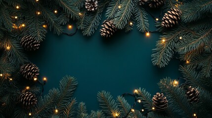 Naklejka premium A Magical Winter Evening: Pine Tree Branches Adorned with Twinkling Fairy Lights and Nature’s Touch of Cones