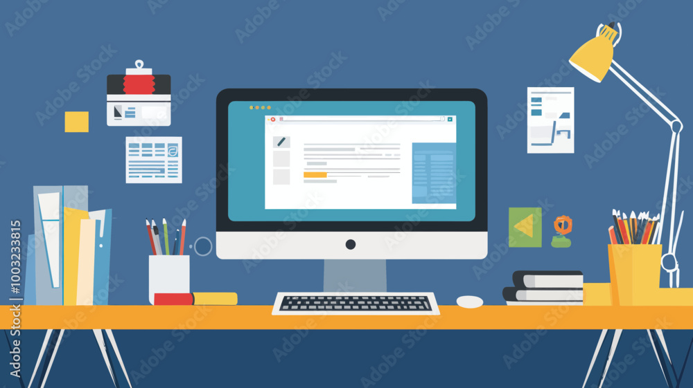 Poster flat style web design and development workspace with desktop computer, office supplies, and lamp, di