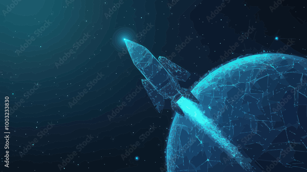Poster digital rocket orbiting earth in abstract wireframe composition - minimalist low poly 3d technology 