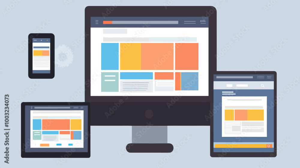 Poster responsive web design illustration showcasing development and page construction on multiple devices 