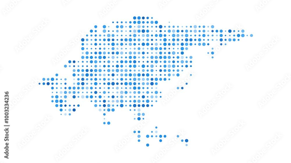 Poster asia dotted digital map. map of asia with pulsating colored circles. shape of the continent filled w
