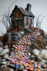 Obraz premium Whimsical miniature house with glowing windows perched on a hill, with a colorful cobblestone path leading up to it, surrounded by barren trees.