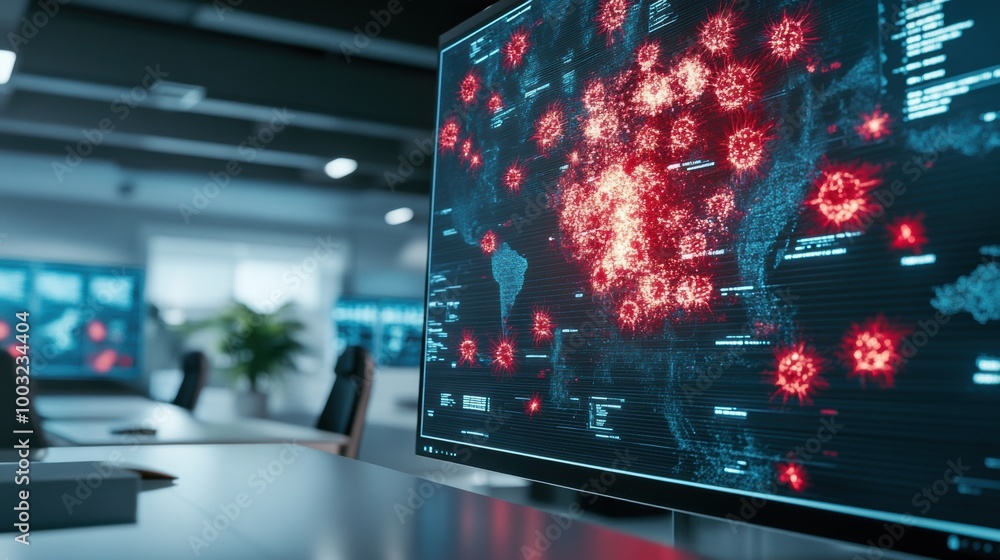 Poster global virus spread visualization on computer screen