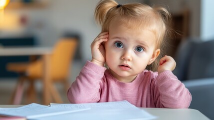 Fototapeta premium A little girl sitting at a table with her hands on the ears, AI