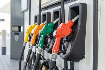 Fuel Pump, Gas Station, Gasoline.Colorful Petrol pump filling nozzles on white background , Gas...
