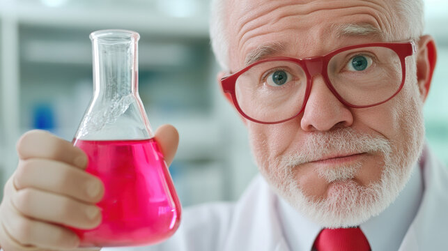 A man in a lab coat holding up a beaker with red liquid, AI