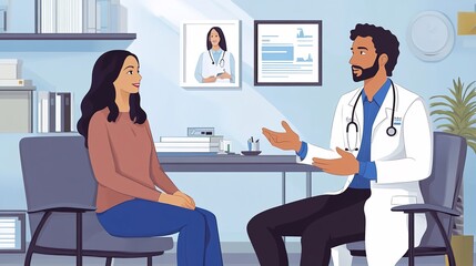 A doctor and patient engaged in a conversation during a consultation, with the patient expressing concerns and the doctor providing advice
