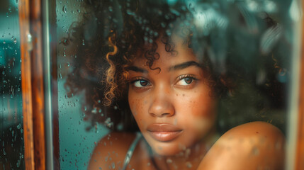 Thoughtful young woman with curly hair looking through a window