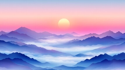 Fototapeta premium With a sunrise or sunset background and dreamy mountains in orange and yellow colors. Elegant and minimalistic style wallpaper with copy space.