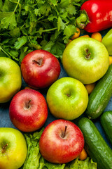 top view vegetable composition with fresh fruits on blue background meal diet salad healthy life ripe color