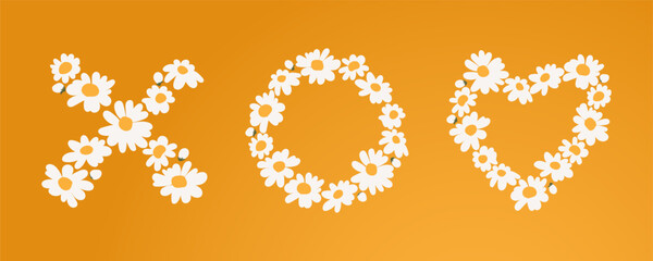 signs xo and hearts laid out from chamomile flowers. logos kiss hug love from white flowers on a bright background. Use to express feelings of care, interest, flirt For posters, greetings, messages