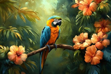 Obraz premium Banana palms, lush foliage, and colorful tropical birds feature in this jungle wallpaper.
