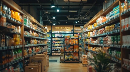 Organized Supermarket Aisle with Fresh Produce and Grocery Items