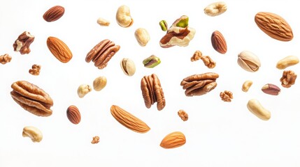 A mix of nuts including pistachios, almonds, walnuts, and cashews, floating in mid-air against a white background