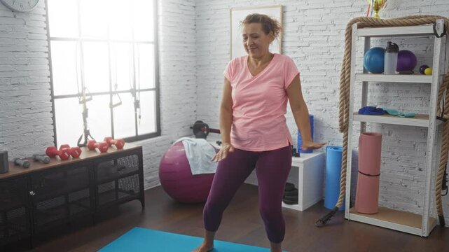 An elderly woman exercises in a gym, wearing a pink t-shirt and purple leggings, surrounded by various fitness equipment inside a bright room with white brick walls and wooden flooring.