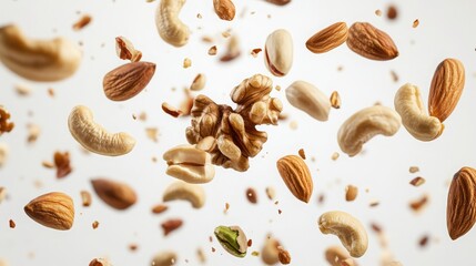 Assorted nuts, including pistachios, almonds, walnuts, and cashews, falling against a white background. 