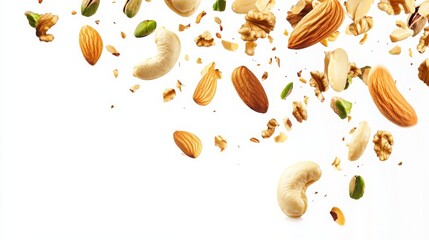 Assorted nuts, including pistachios, almonds, walnuts, and cashews, falling against a white background. 
