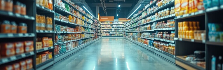 Organized Supermarket Aisle with Fresh Produce and Grocery Items