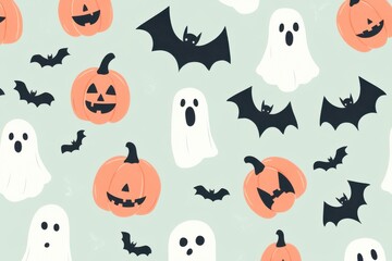 Naklejka premium A Halloween themed drawing of bats, ghosts, and pumpkins