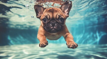 Featuring an adorable pug swimming underwater, this image is the perfect abstract representation of exploration and curiosity, likely to be a popular wallpaper or background image