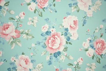 The wallpaper features a floral Victorian pattern in a blue color