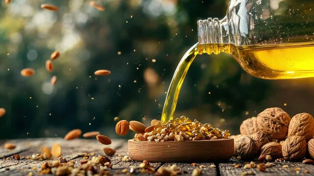 Golden oil pouring over nuts with enigmatic splash displaying future cosmetology concepts