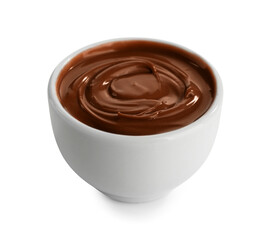 Bowl of sweet melted chocolate on white background