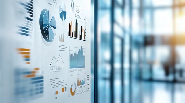 white board on wall showing financial data analysis with line, bar charts and graphs, office background blur
