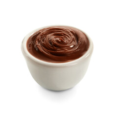 Bowl of tasty melted chocolate on white background