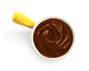 Bowl of sweet melted chocolate on white background