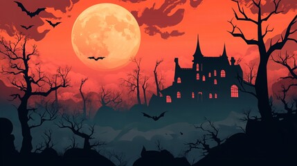 Happy Halloween banner template featuring cartoon pumpkins, bats, a witch hat, and a full moon for a festive atmosphere