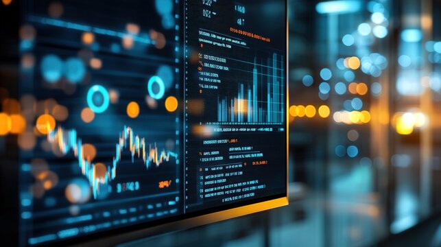 computer screen showing financial analysis with line and bar charts and graph, office background blur, 