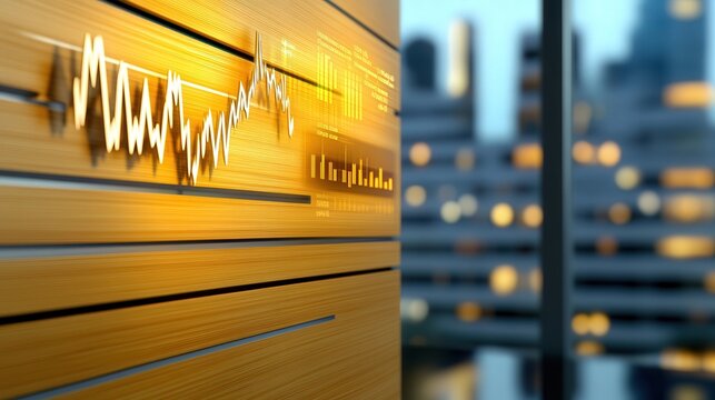 golden line data showing financial analysis with charts and graph, office buildings background blur,  