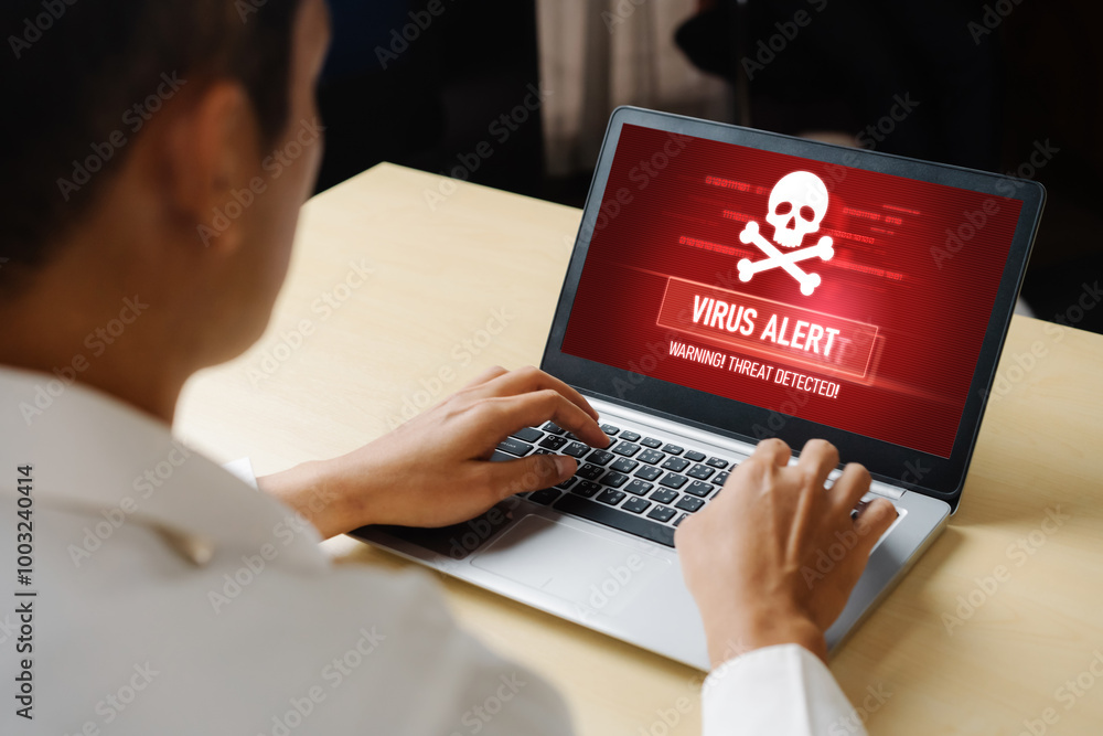 Poster virus warning alert on computer screen detected modish cyber threat , hacker, computer virus and mal