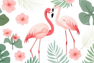 Obraz premium Exotic jungle wallpaper with vintage pink flamingos, pink hibiscus, and palm leaves. Primitive vintage pink flamingos, pink hibiscus, palm leaves seamless pattern.
