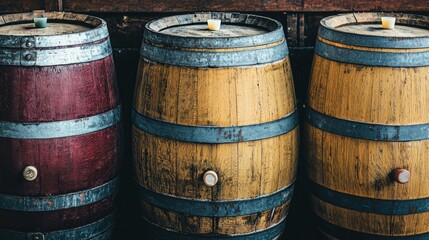 Fototapeta premium Vintage Wooden Barrels in a Rustic Cellar or Brewery Setting