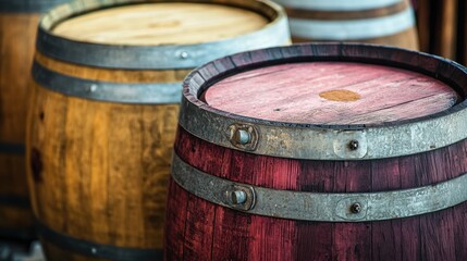 Obraz premium Rustic Wooden Barrels in Dimly Lit Cellar for Aging Wine and Liquor