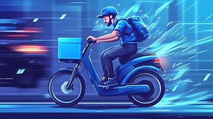 Delivery man riding scooter through city with blur effect. Concept of fast delivery, service, urban life, transportation