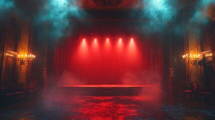 Fototapeta premium Empty stage with red lights and smoke, background for concert performance, musical show, theatrical play, event, party