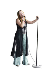 Female performer on stage. Portrait of a woman singing into a microphone. No background png.