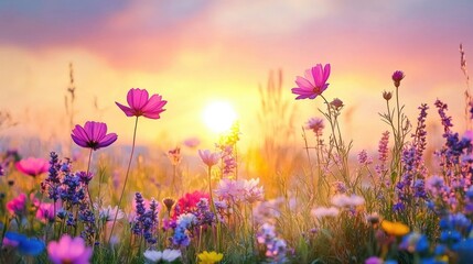 Wildflowers in meadow at sunset