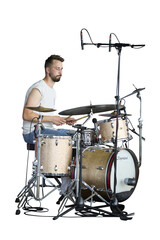 A man playing drums on stage. Portrait of a musician. No background png.