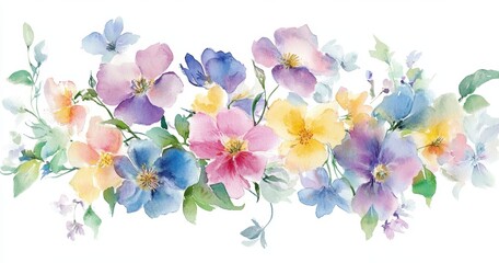 Fototapeta premium Watercolor floral clipart, in pastel shades of pink, purple, yellow, blue, and green, on a white background Generative AI